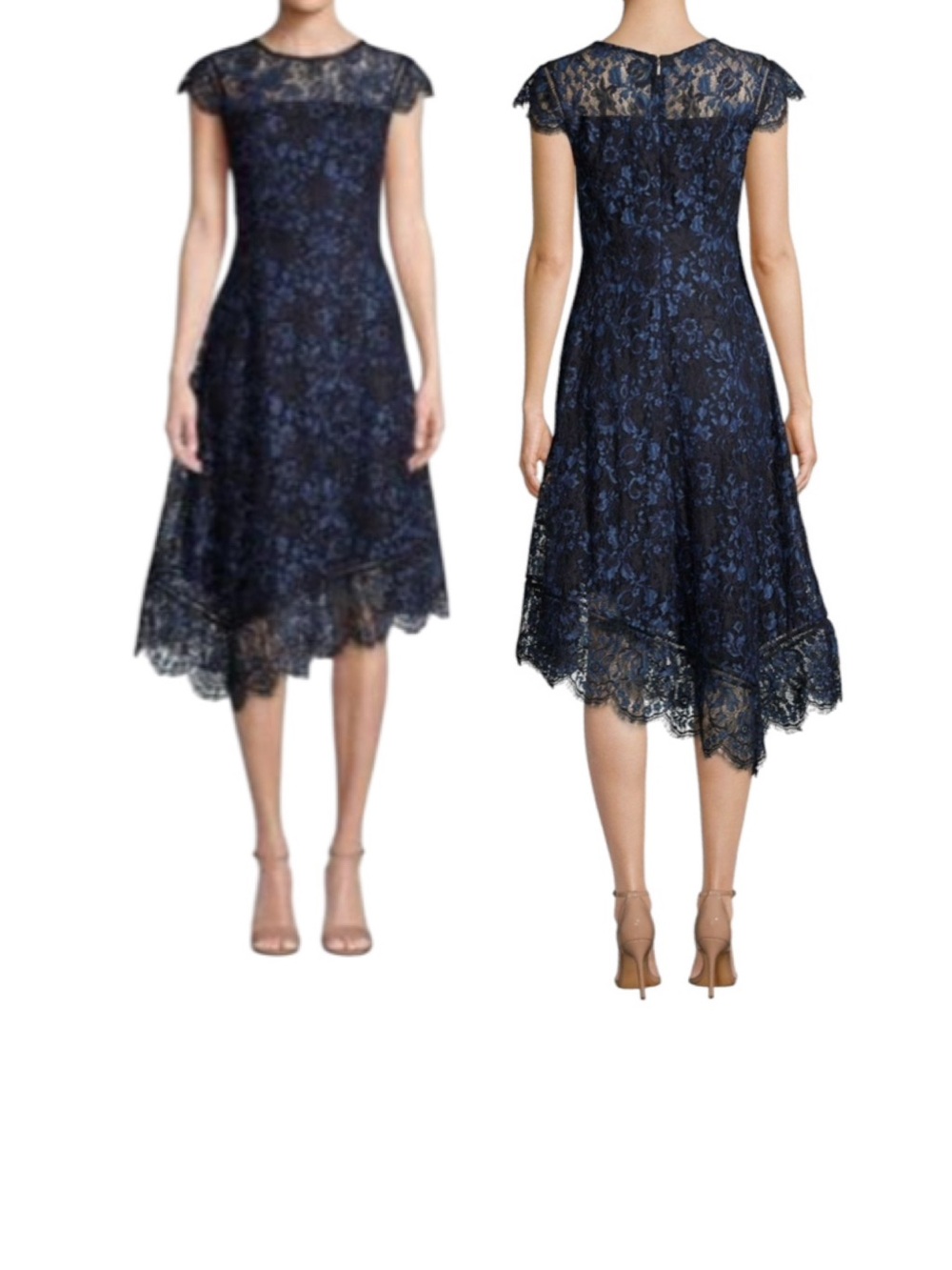 Donna Karan Cap- Sleeve Asymmetric Lace Midi Dress Blue  Size 14 wedding guest